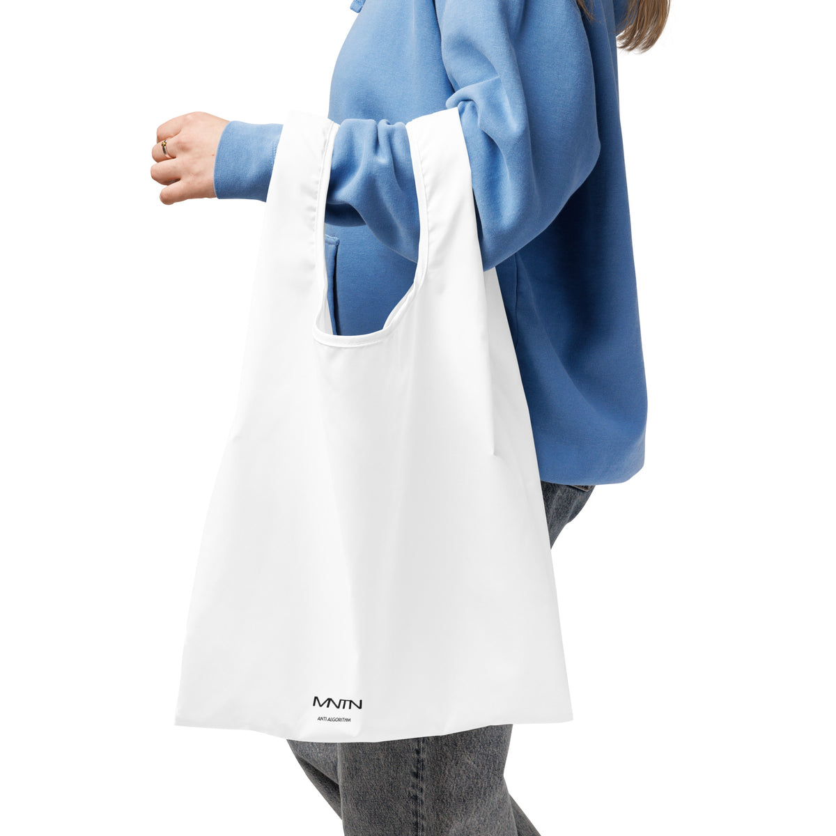 MNTN Hypermarket Bag in White — carried view