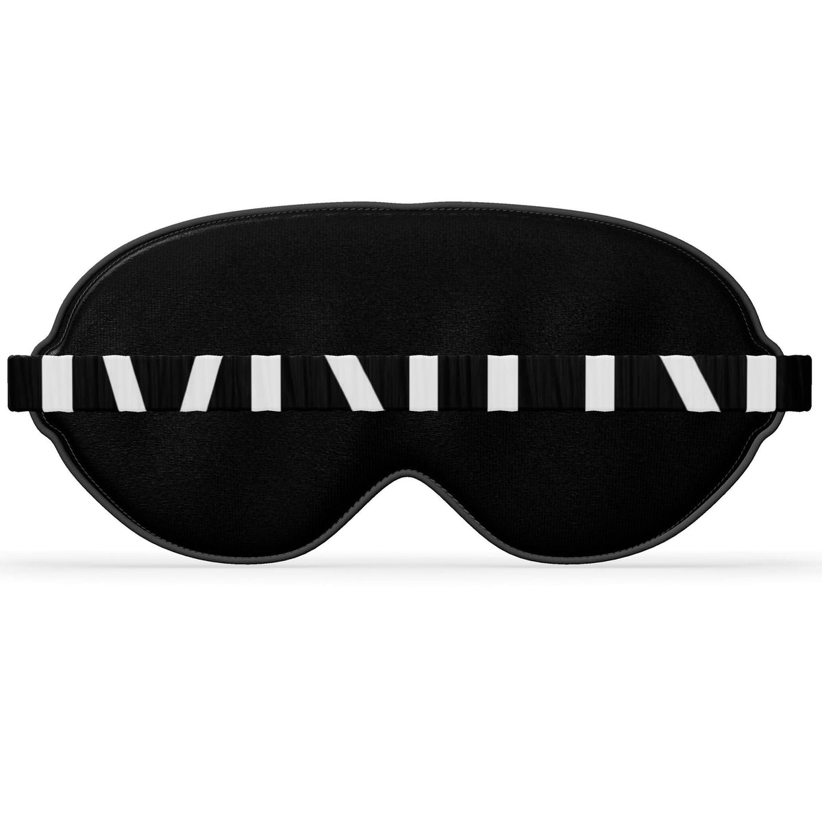 Back view of the black eye mask with a white MNTN logo across its elasticated band