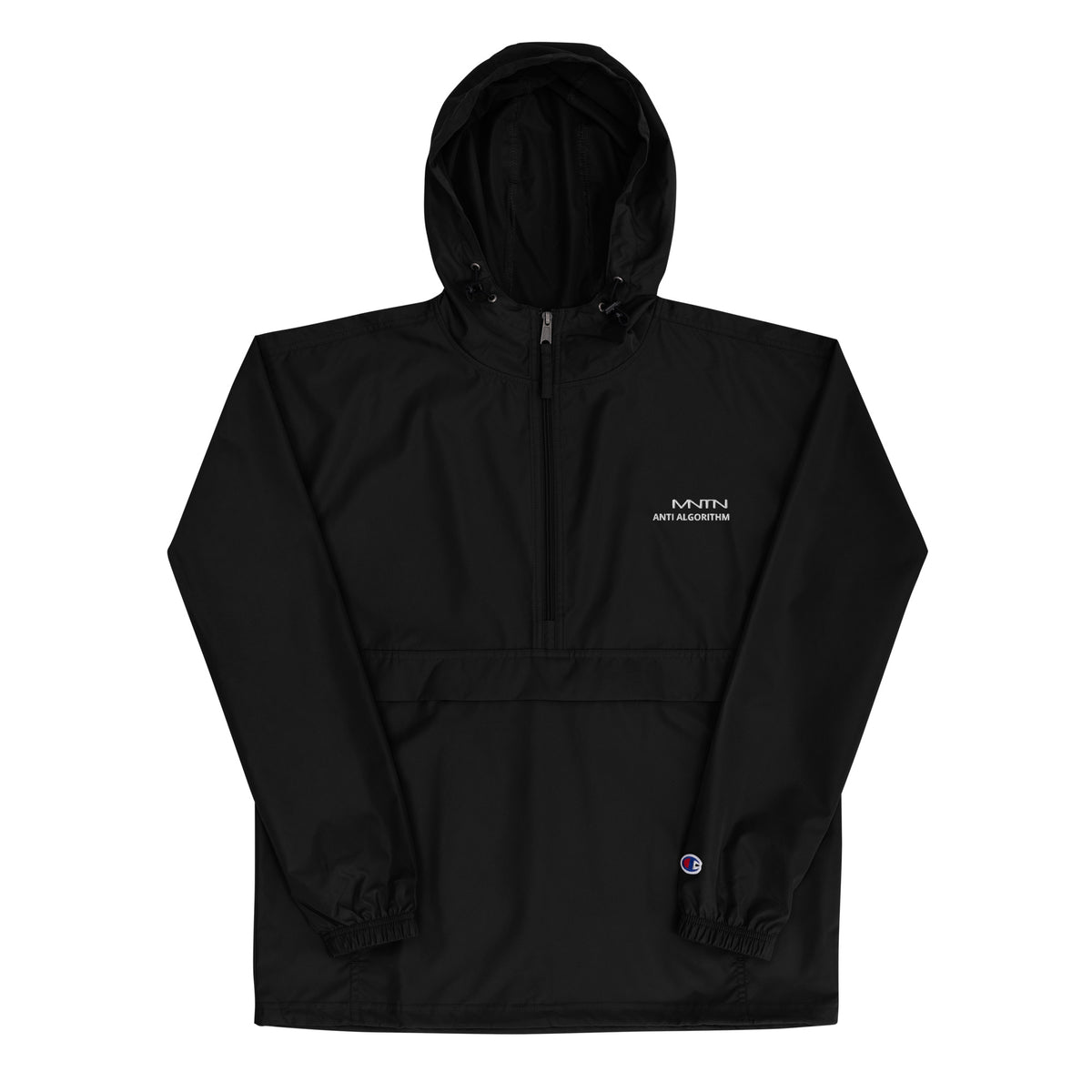 MNTN × Champion Packable Jacket in Black — alternate front view