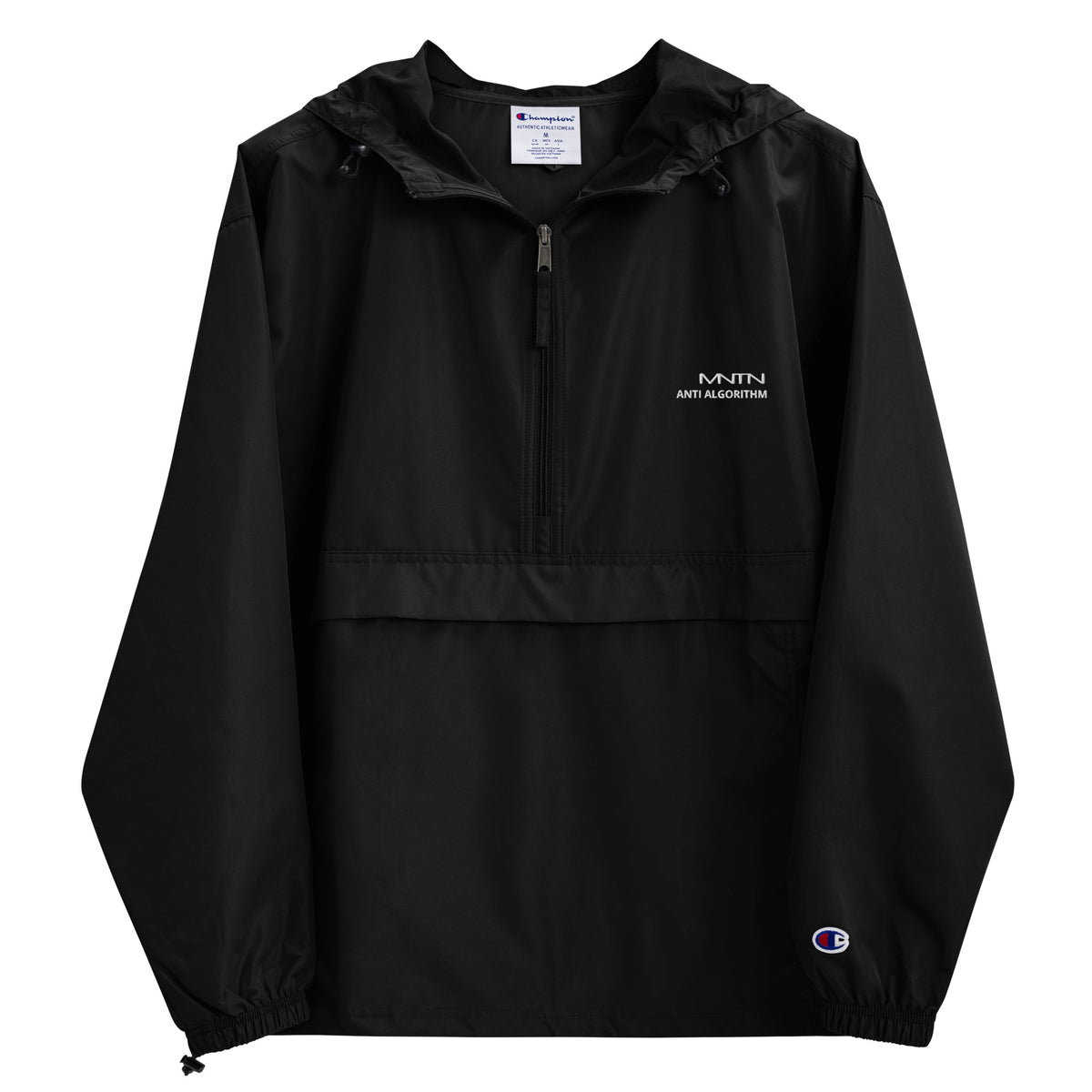 MNTN × Champion Packable Jacket in Black — front