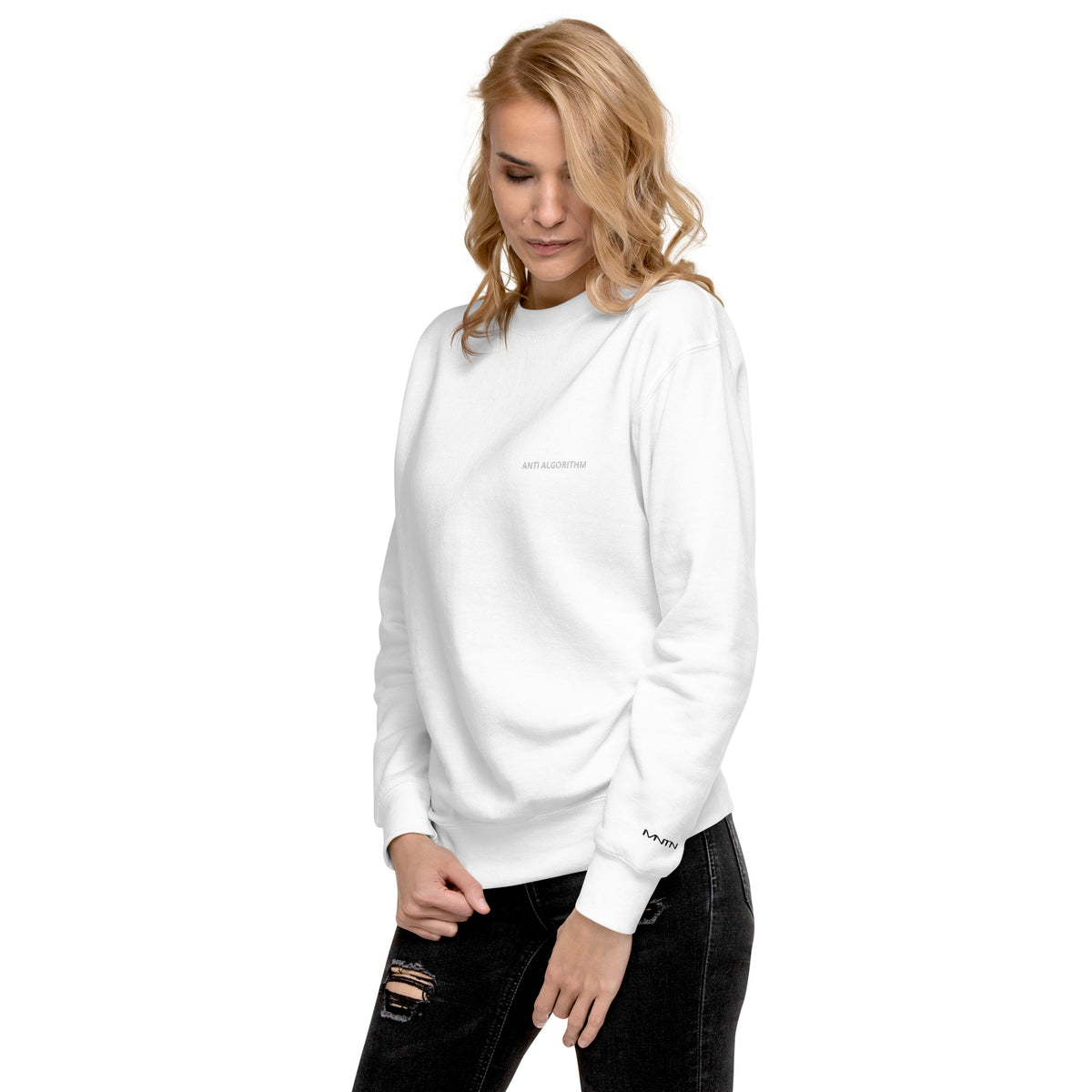 ANTI ALGORITHM Premium Sweatshirt in White — front-left view